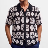 Mens black and white plaid color-block crochet hollow-out knit sweater with short sleeves and slim fit
